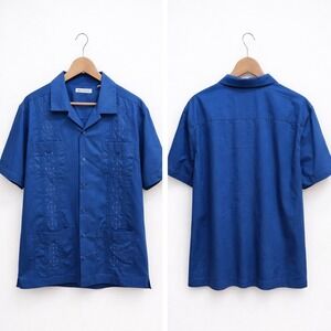 Cubavera Mens XL Blue Short Sleeve Guayabera Embroidered Button Down Shirt